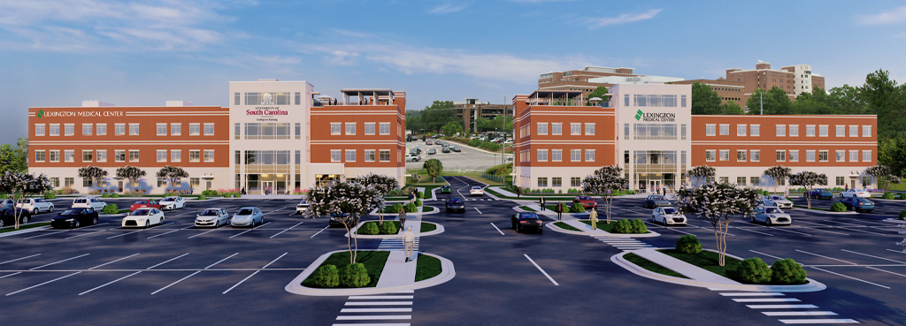 Architectural render of the Graduate Medical Education building and nursing simulation center on the LMC campus, featuring logos for Lexington Medical Center and the University of South Carolina School of Nursing. The illustration shows people walking around campus as well as enjoying an open-air rooftop concert event.