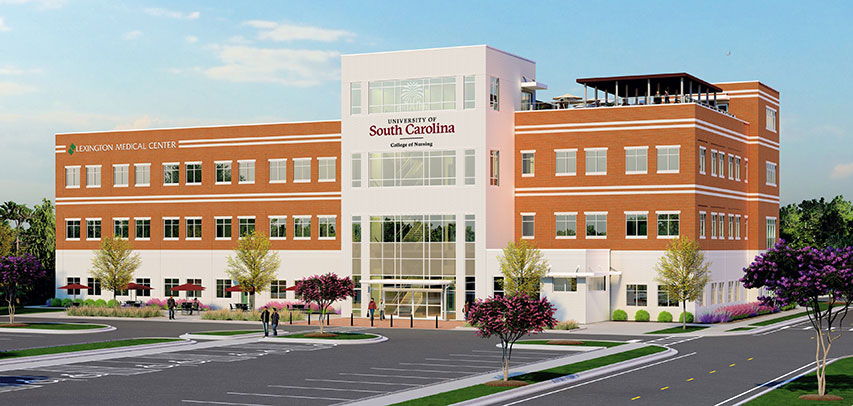 Architectural building render for the future site of the three-story Graduate Medical Education building featuring a rooftop patio.