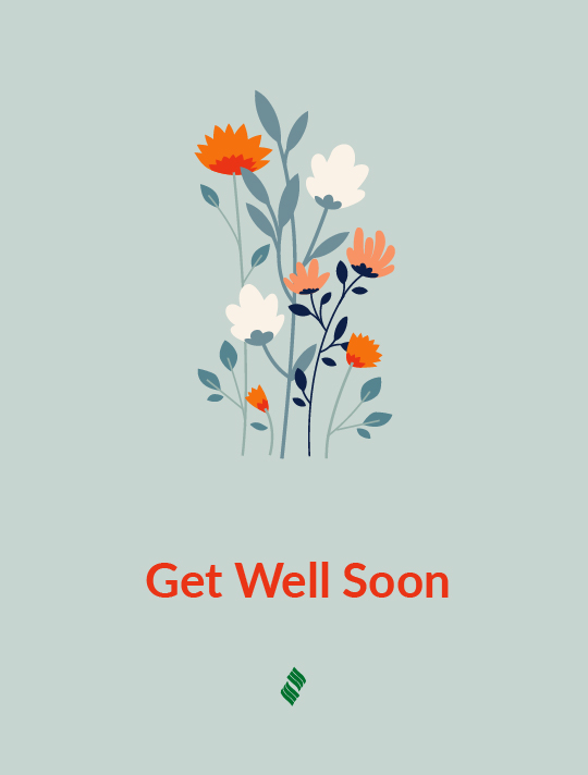 Get Well Soon: A sprig of wildflowers on an olive-green background.