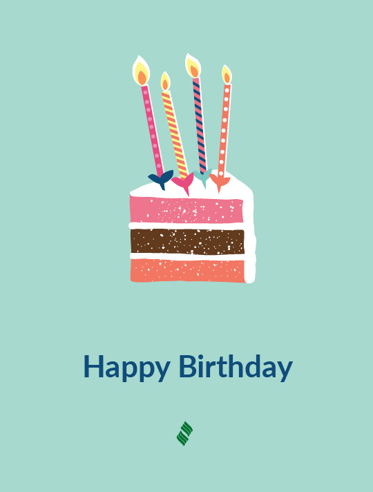 Happy Birthday: A slice of birthday cake with lit candles on a teal background.