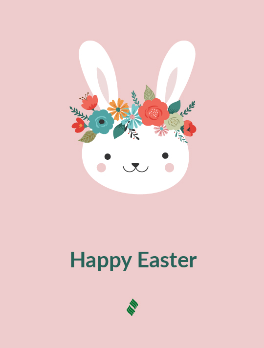 Happy Easter: A happy rabbit wearing a crown of spring flowers on a pink background.