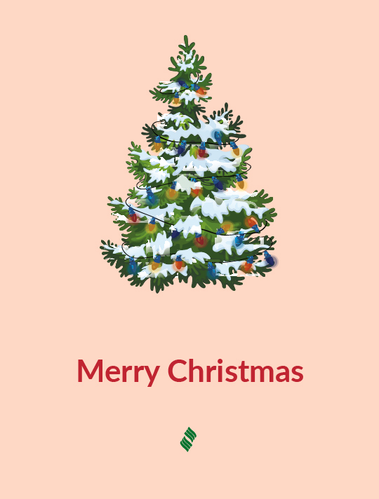 Merry Christmas: A snow-covered Christmas tree on a peach-colored background.