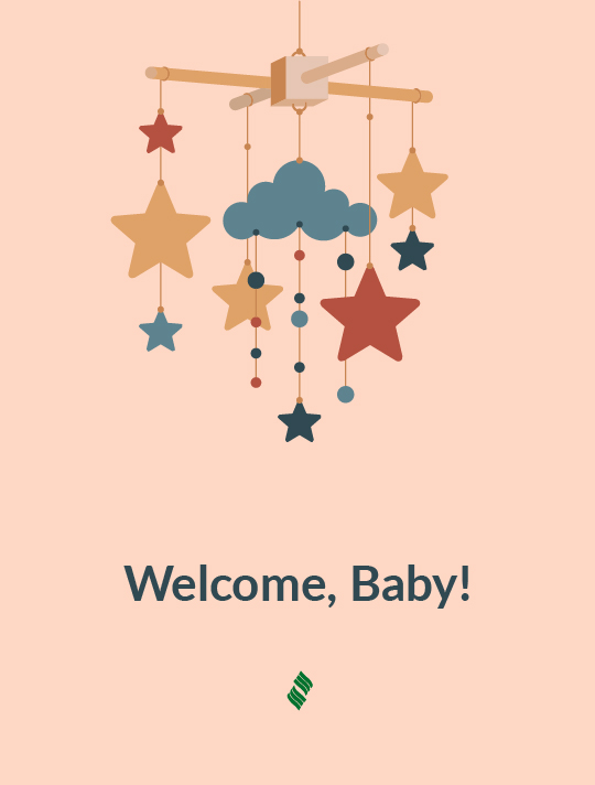 Welcome, Baby: A baby mobile with clouds and stars on a peach background.